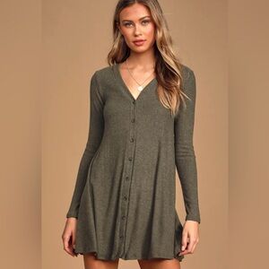 Lulu’s sweet comfort heather olive green button front sweater dress